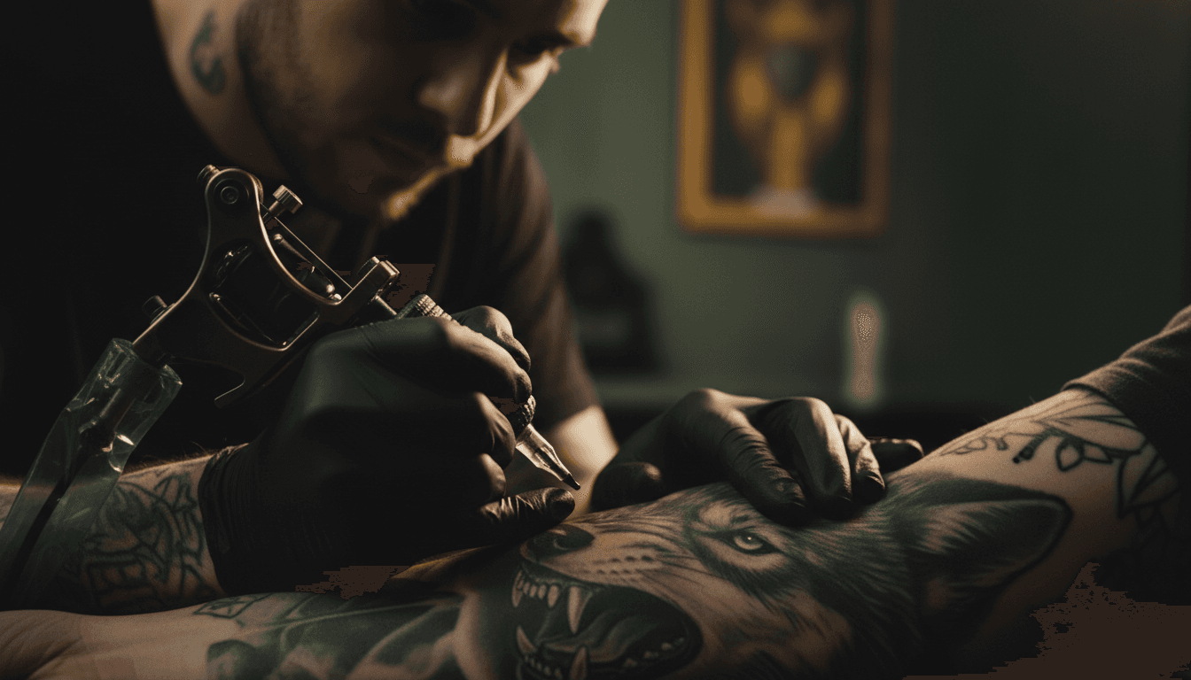 Tattoo artist's hands working with precision during a black and grey realism session